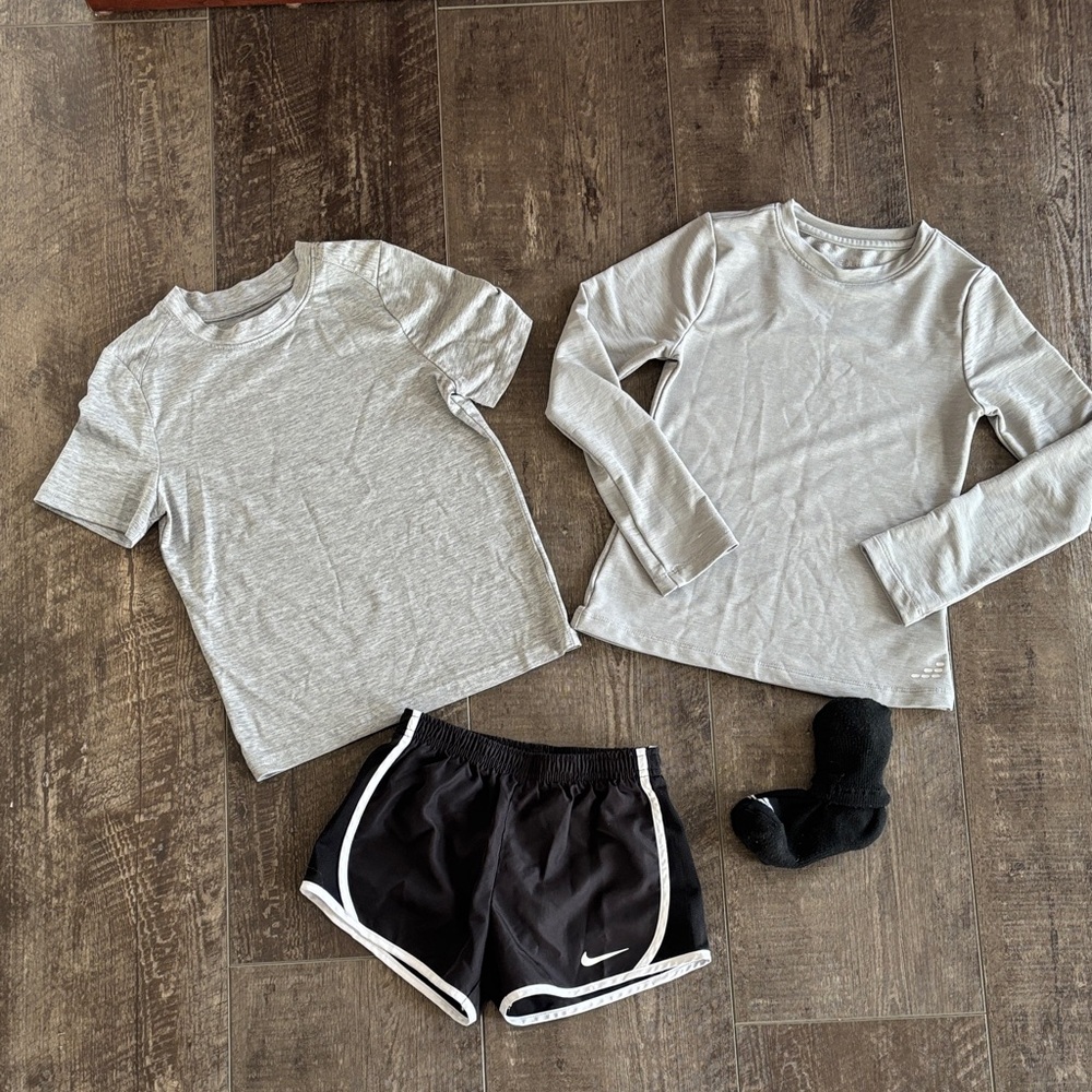 Nike Tempo Dri-Fit shorts with 2 gray shirts